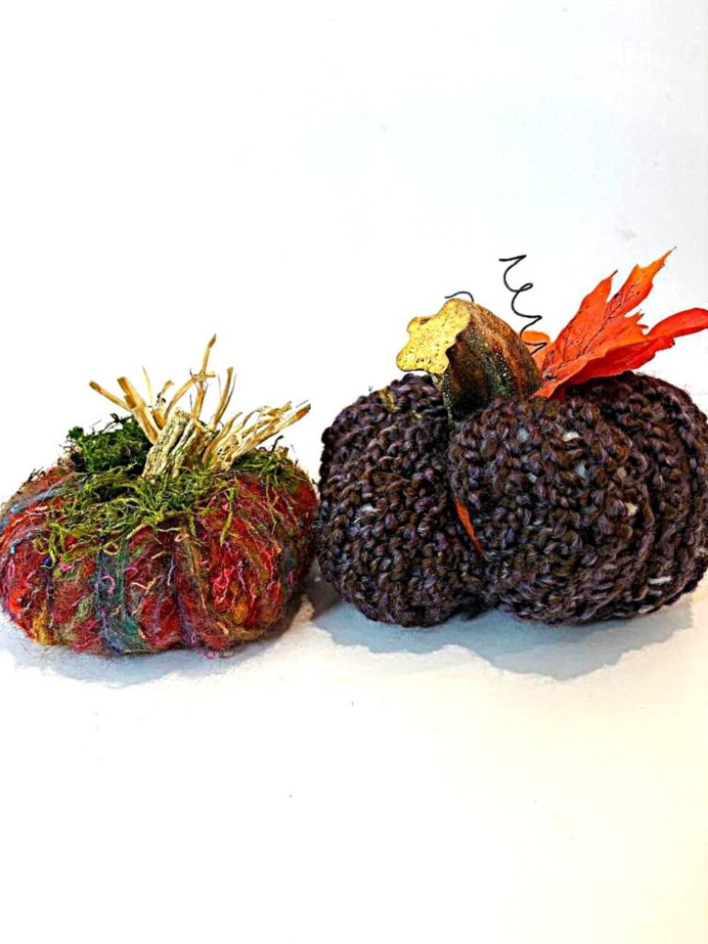 Handmade Decorative Unique Autumn Yarn Pumpkins - Rustic Fall Decor set of 2